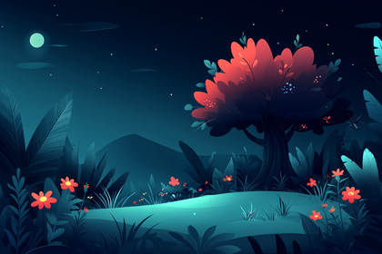 Night Forest Scene with Red Tree