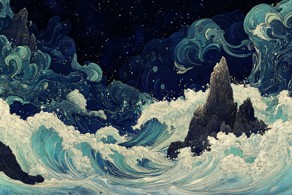 Night Seascape with Crashing Waves