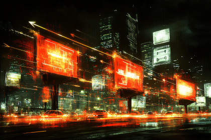 Nighttime Cityscape with Illuminated Billboards