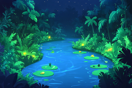 Nighttime Jungle River with Lily Pads