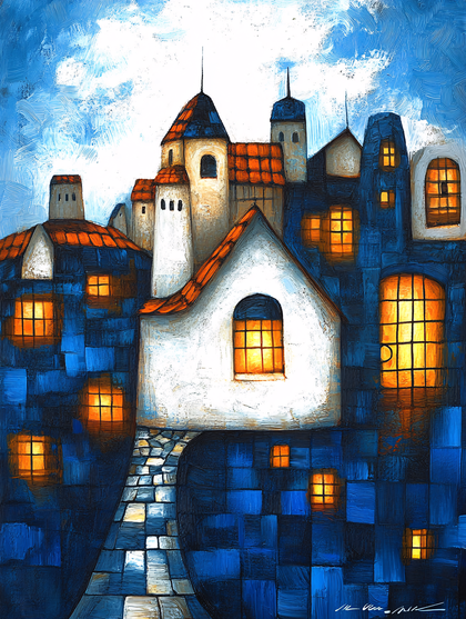 Nighttime Village Scene