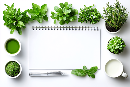 Notebook With Green Plants And Drinks