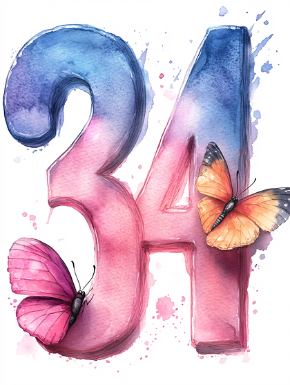 Number 34 With Butterflies