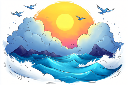 Ocean Sunrise with Birds and Clouds