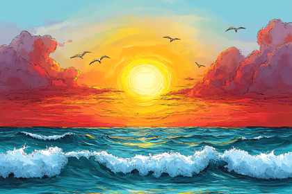 Ocean Sunset with Flying Seagulls