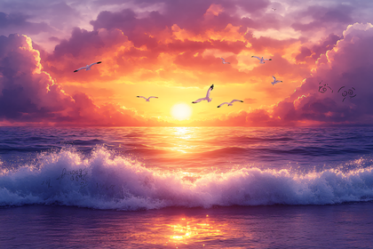 Ocean Sunset with Seagulls