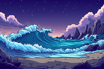 Ocean Wave Crashing on Rocky Coast at Night