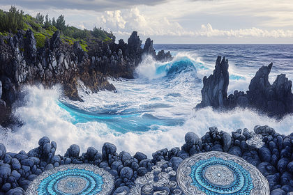 Ocean Waves Crashing on Rocky Coastline with Mandala Stones