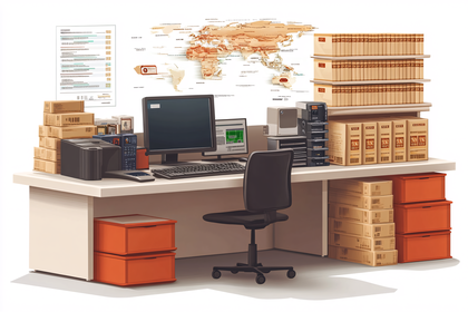 Office Desk Setup With Boxes And World Map