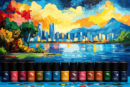 Oil Painting Cityscape with Bottles