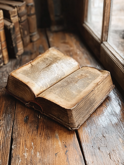 Open Ancient Book on Rustic Wooden Surface