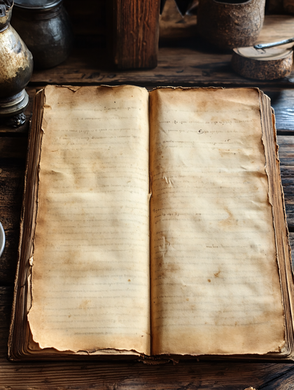 Open Ancient Book on Wooden Table