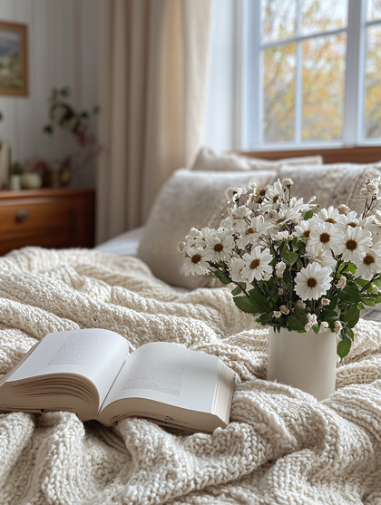 Open Book and Daisies on Cozy Bed