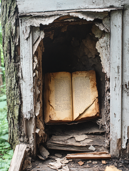 Open Book Nestled in Weathered Tree Trunk