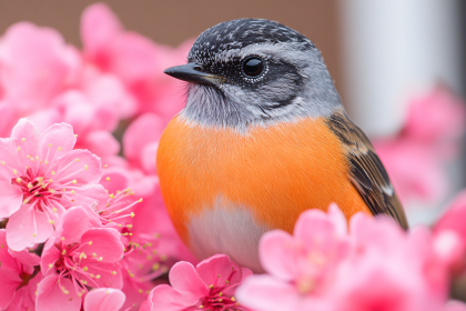 Orange Bird Among Pink Blossoms