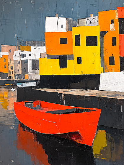 Orange Boat Waterfront Painting