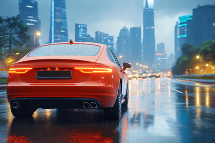 Orange Car on Rainy City Street