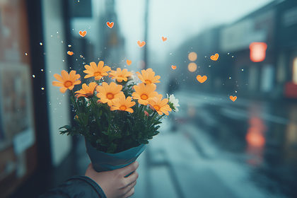 Orange Flowers with Hearts in Rain