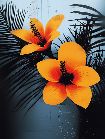 Orange Hibiscus With Palm Leaves