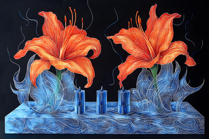 Orange Lilies and Blue Candles
