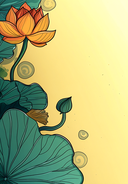 Orange Lotus Blossom With Green Leaves