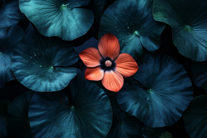 Orange Lotus Flower with Dark Lily Pads