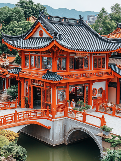 Orange Pagoda with Stone Bridge