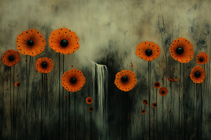 Orange Poppies and Waterfall