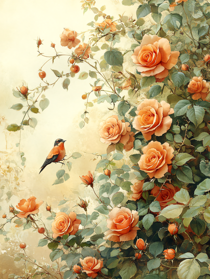 Orange Roses and Bird