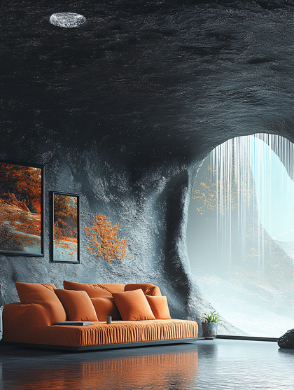 Orange Sofa in Modern Cave Interior