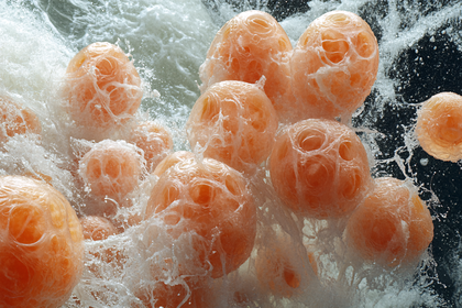 Orange Sphere Orbs in Rushing Water