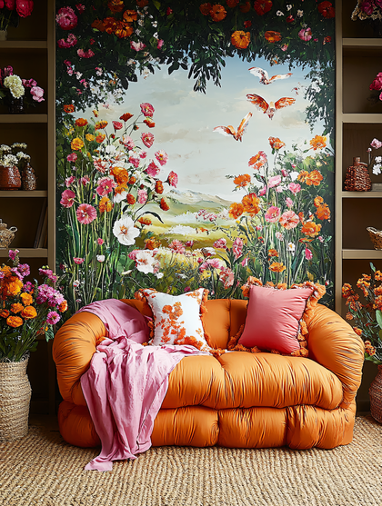 Orange Tufted Sofa with Floral Tapestry Backdrop