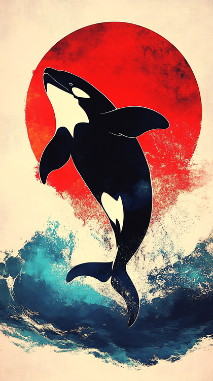 Orca Leaping From Ocean Under Red Sun
