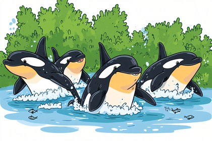 Orca Pod Swimming in Green Waters