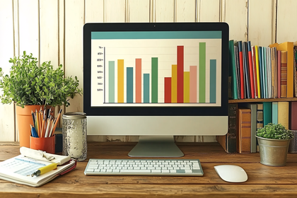 Organized Workspace With Computer And Bar Graph