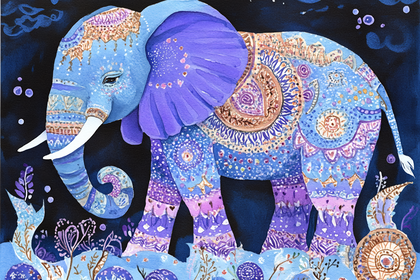 Ornate Elephant in Blue and Purple