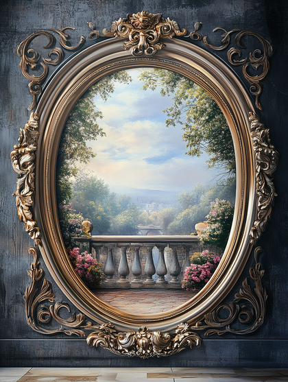 Ornate Oval Frame with Garden Balcony View
