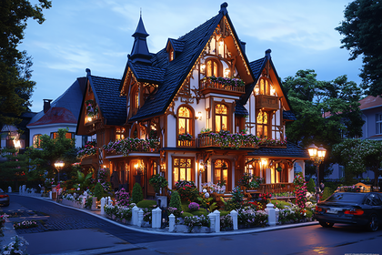 Ornate Tudor House at Dusk