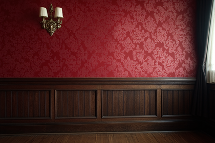 Ornate Wall Lamp on Red Damask Wallpaper Room Interior