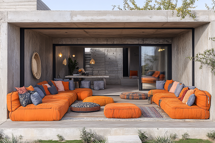 Outdoor Lounge Area With Orange Modular Sofa