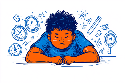 Overwhelmed Boy with Clocks