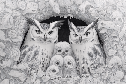 Owl Family In Tree Hollow