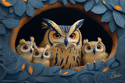 Owl Family In Tree Hollow