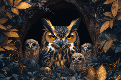 Owl Family in Tree Hollow