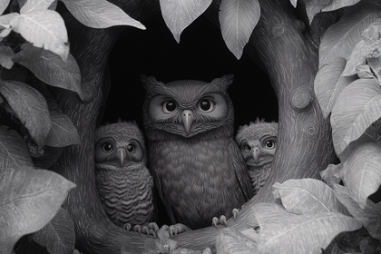 Owl Family In Tree Hollow