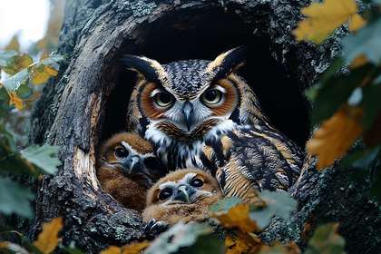 Owl Family Portrait In Tree Hollow