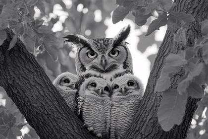 Owl Family Portrait On Tree