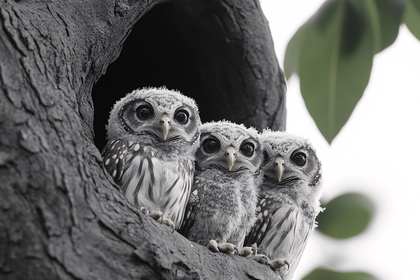 Owlets In Tree Hollow