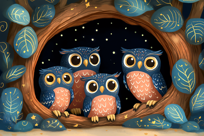 Owls Family In Tree Hollow