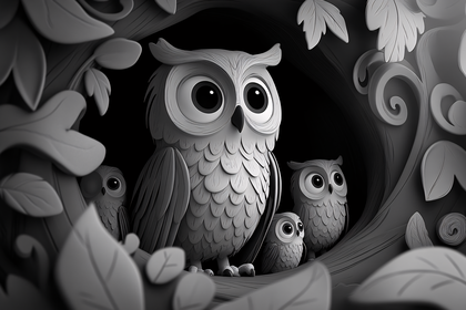 Owls Family In Tree Hollow